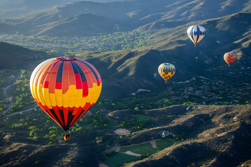 a group of hot air balloons flying over a valley