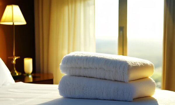 Fluffy, white clean towels neatly stacked on a plush, king-sized bed in a luxurious hotel room