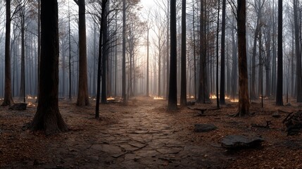 Naklejka premium Renewing the charred wilderness forest fire rebirth and transformative regrowth in a wild environment