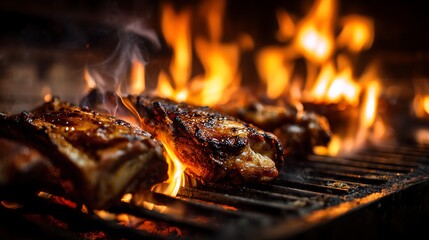 meat roasting with flames licking the edges