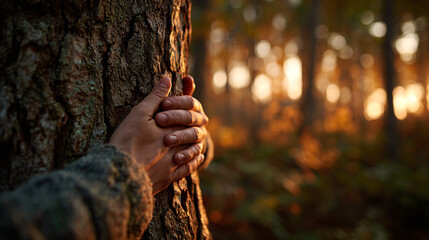 Obraz premium Embracing the Forest A Person's Hands Hugging a Tree, Connected to Nature's Beauty