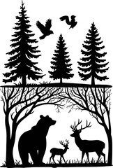 Forest scene with bear deer and birds trees pine