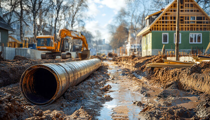 Construction site with large pipeline and ongoing building development in a suburban neighborhood