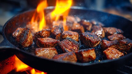 crispy seared meat pieces cooking above fire