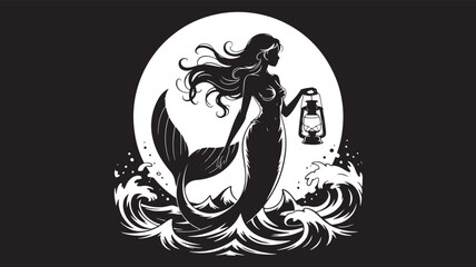 Mermaid with Lantern Silhouette Vector Illustration in Moonlight and Ocean Waves