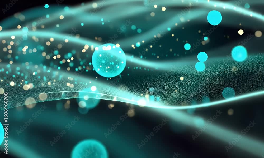 Wall mural teal and gold particles flowing dynamically on dark background: abstract motion graphics with shimme