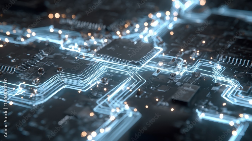 Poster complex network of glowing circuits and components transmitting data on a motherboard, symbolizing t