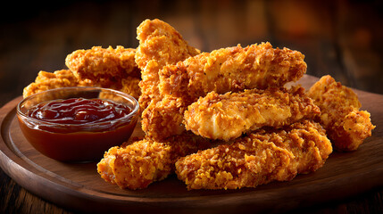 A large stack of golden-brown crispy fried chicken tenders is presented on a round wooden board, with a clear glass bowl of rich red dipping sauce to the side.