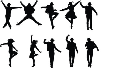 Silhouettes of dancing people, energetic dance poses vector, male and female dancers, street performance, modern choreography illustration, black figures