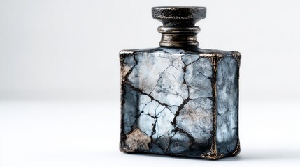 A square glass perfume bottle with an aged metal cap, featuring cracked and eroded textures that resemble a weathered stone or marble surface. 