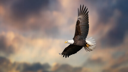 Obraz premium A majestic bald eagle soaring through a dramatic golden-hued sky.