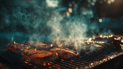 barbecue cooking scene with steam and meat turning brown