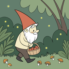 Cheerful Garden Gnome with Mushrooms in Magical Forest – Whimsical Digital Art	