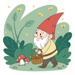 Cheerful Garden Gnome with Mushrooms in Magical Forest – Whimsical Digital Art	
