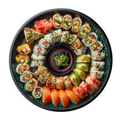 Sushi plate top view full length on transparent background