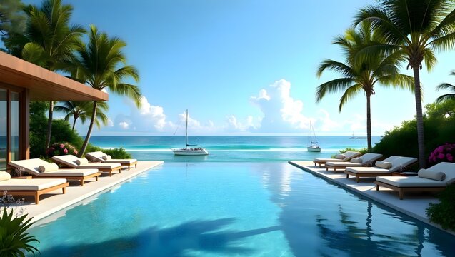 A view of a swimming pool surrounded by lounge chairs with a sailboat in the distance under a clear sky, suggesting a relaxing coastal setting