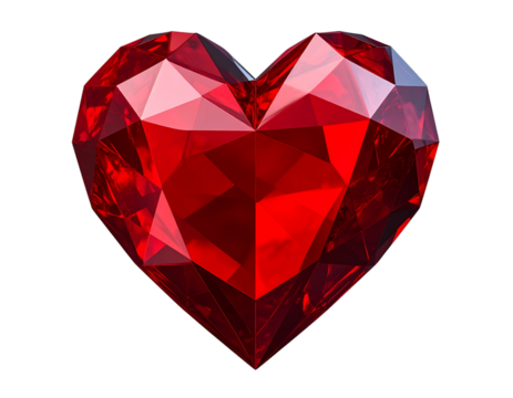  3D Geometric Red Heart Floating Above Dark Grungy Concrete Background, Side Perspective, Transparent Background.