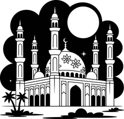 Islamic mosque with crescent moon and stars under a full moon architecture building