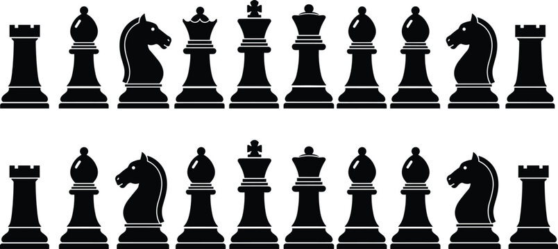 Classic black chess piece set, silhouette vector icons, strategic board game elements, king queen rook bishop knight pawn design