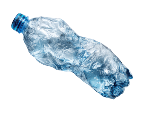 A crumpled, discarded plastic water bottle, with a slightly translucent, light-blue hue, lies diagonally on a white background.  The plastic is tightly wrinkled and deformed