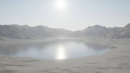 Obraz premium Sun shining over lake in barren landscape with mountains