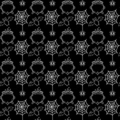 Seamless pattern with witch cauldron, bat and spider on black background vector illustration. Cute Halloween print.