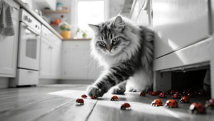Longhaired gray cat hunting ladybugs on kitchen floor, playful feline stalking insects in bright modern home interior
