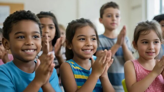 Hands clapping in gesture of appreciation and celebration of children. Joyful and thanks in applause. Group of kids in success. Concept of happy childhood and diverse friendship unity. Video