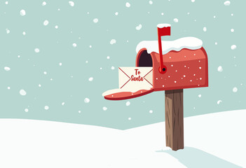 A red mailbox with a red post and a red letter santa on it