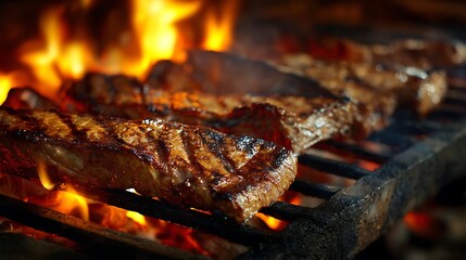 barbecue meat turning crispy and brown under fire