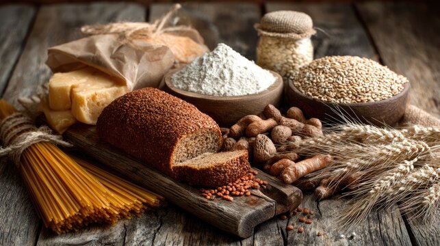 Gluten-free bread, pasta and grains arranged on a wooden table.