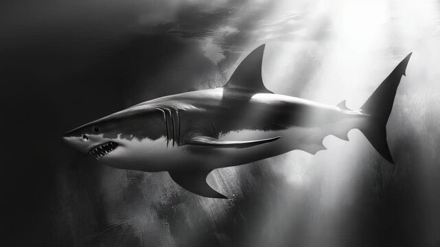 A great white shark swims underwater with light beams filtering through the surface. Its body, dorsal fin, and sharp teeth are clearly visible in a grayscale environment.
