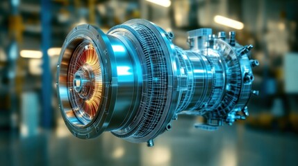 Electric turbine generating clean energy with futuristic hologram overlaying in industrial setting
