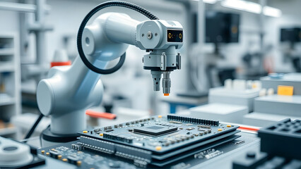 Close-Up of Robotic Chip Assembly in Smart Factory