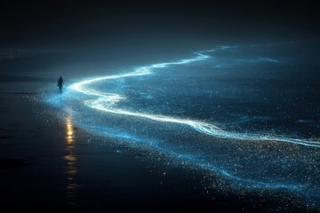 A lone figure follows a radiant path of light on the night beach, an ethereal scene.