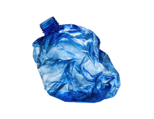 Crumpled blue plastic bottle, discarded