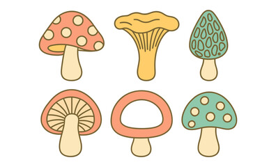 Playful cartoon mushrooms in soft colors for cozy designs