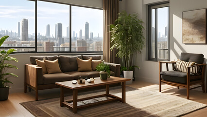 Modern Urban Living Room with City View, Wooden Furniture, and Indoor Plants
