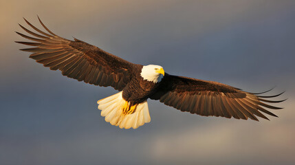 Obraz premium A majestic bald eagle soaring through a dramatic golden-hued sky.