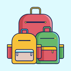 Cartoon illustration of three backpacks in different colors stacked on each other