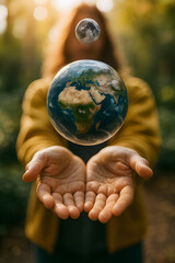 Holding the World: Earth and Moon Floating in Human Hands &ndash; Surreal Nature Concept&rdquo;