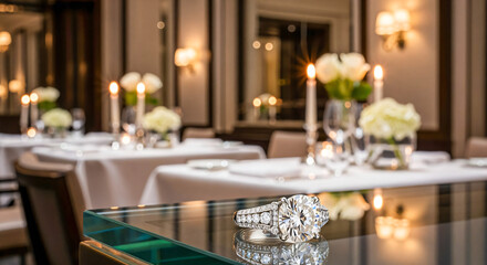 Luxury Dining: Diamond Ring on Table with Elegant Restaurant Setting