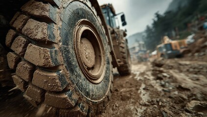 Close-Up of Rugged Construction Truck Tires on Muddy Terrain &ndash; Heavy-Duty Tread and Durable Materials for Off-Road Industrial Performance