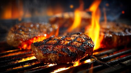 charred meat cooking above intense barbecue flame