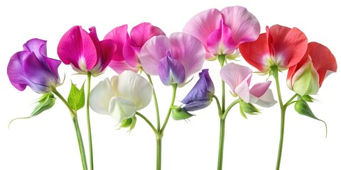 Fototapeta premium Beautiful array of sweet pea flowers in various colors on white backdrop