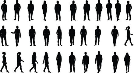 Silhouettes of walking and standing people, men and women in casual dress, black figures, business team, vector illustration