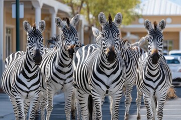 Fototapeta premium Zebras walking down a street near shops in a sunny urban setting