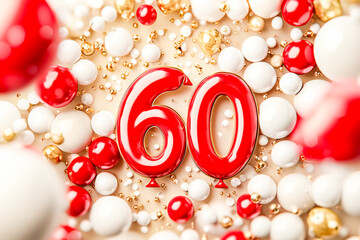 Festive celebration with big red number 60 surrounded by colorful balls and golden accents