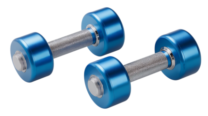 Two blue dumbbells with textured silver handles lie on a dark background in a studio shot, showing fitness equipment for strength training.