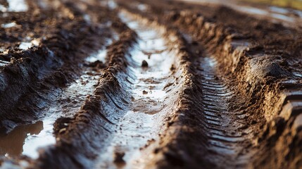 Muddy path in a mountain area with aggressive off-road tire marks and splattered mud all around